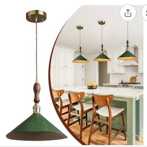 Green Pendant Light with Wood Accent